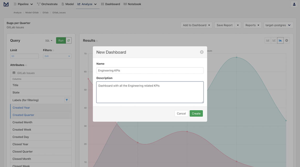 New dashboard dialog for configuring the dashboard